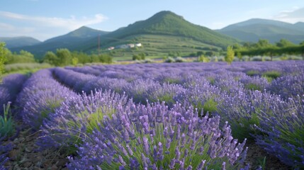 Obraz premium Close-Up of Lavender Field with Mountain Background. Close-up of a lavender field in full bloom with a scenic mountain range in the background under a clear sky.