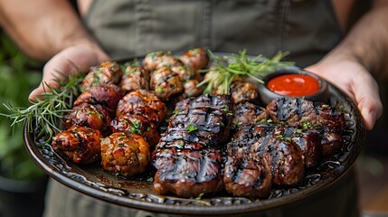 Savoring Cultural Traditions A Plate of Mixed Barbecue Meats in an Outdoor Social Gathering