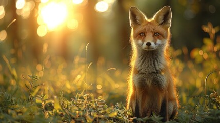 The sun setting behind the forest, casting long shadows where a fox silently hunts in the underbrush