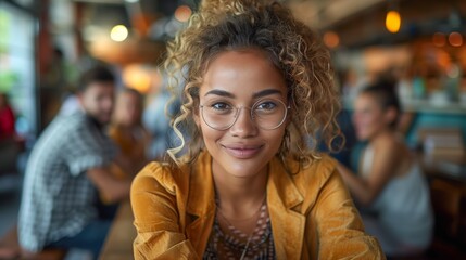 Woman Smiling at Cozy Café. Woman with curly hair and glasses smiling at a cozy café, creating a warm and inviting atmosphere.