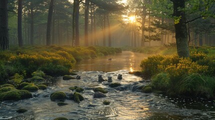 Obraz premium The soft light of dawn casting a serene glow over the forest, with a family of otters playing in a tranquil river