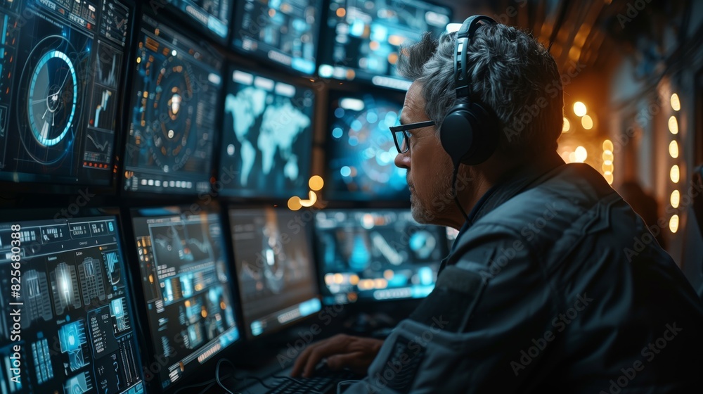 Poster man monitoring data on multiple screens. man wearing headphones, monitoring data on multiple compute
