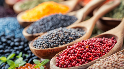 red and black pepper in wooden bowl