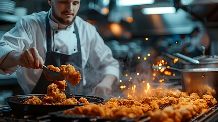 Chef Crafting Delectable Fried Chicken in Restaurant Kitchen