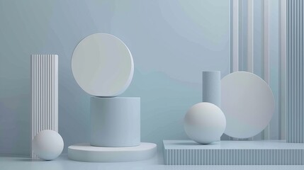 A 3D rendering of geometric shapes in Pantone arranged in a minimalist display with clean lines and a modern aesthetic