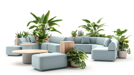 Futuristic  soft blue seating with a green plant pot, An abstract design for the future  
