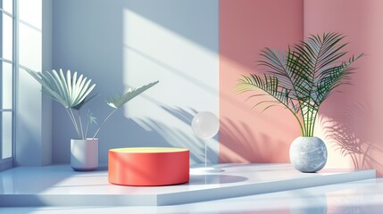 A visually balanced 3D rendering of geometric shapes in Pantone designed with a modern and minimalist composition