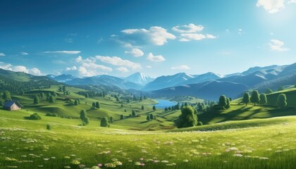 Fototapeta premium A stunning spring day landscaping views of fertile land surrounded beautiful green vegetation, wide stretches of hills and mountains with clear skies in spring