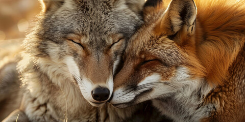 Fototapeta premium wolf and fox cuddle together, generative AI