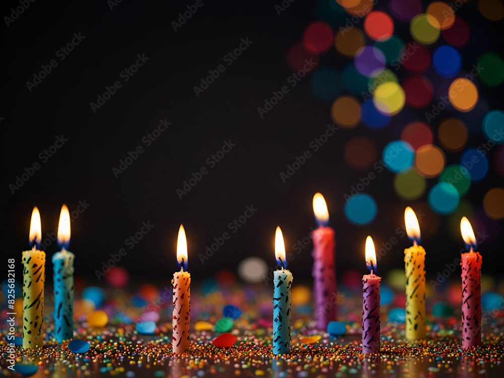 Wall mural candles with bokeh lights and confetti on dark background