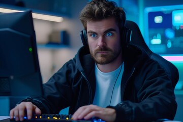 A focused young Caucasian male gamer with intense expression plays video games in a dark, neon-lit room