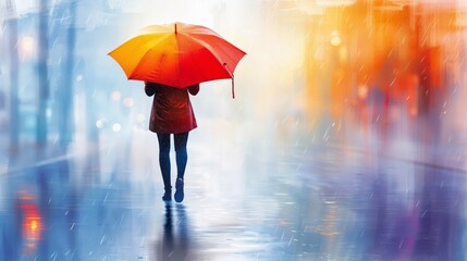A solitary figure under a red umbrella strolls through a rainy urban scene, with colorful reflections on wet pavement
