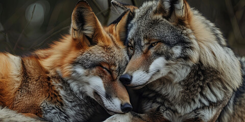 Fototapeta premium wolf and fox cuddle together, generative AI