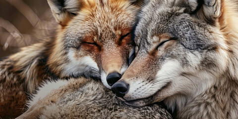 Obraz premium wolf and fox cuddle together, generative AI
