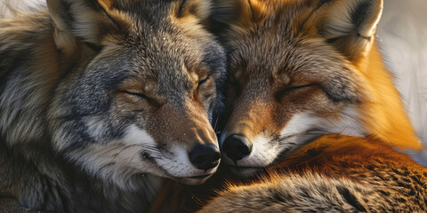 Fototapeta premium wolf and fox cuddle together, generative AI