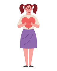 woman embraces a big red heart