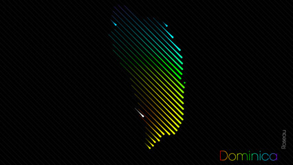 A map of Dominica is presented in the form of colorful diagonal lines against a dark background. The country's borders are depicted in the shape of a rainbow-colored diagram.