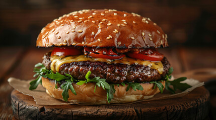 Big fresh made Burger on rustic wooden background