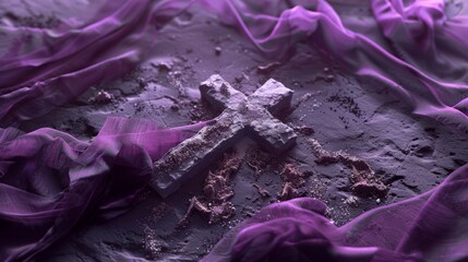 A serene and reverent image capturing the essence of Ash Wednesday, with a cross of ashes solemnly arranged on a stone surface, framed by flowing purple cloth, 