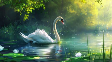 The beautiful white swan is adorable as it glides in the river
