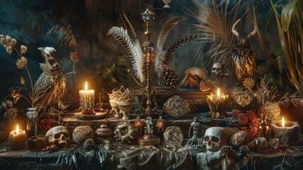 Fototapeta premium A spellbinding still life composition capturing the essence of shamanic magic and ritualistic practice. A ceremonial witchcraft staff, adorned with feathers, crystals, 