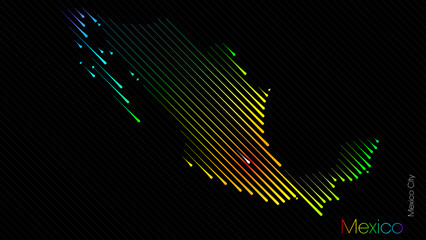Obraz premium A map of Mexico is presented in the form of colorful diagonal lines against a dark background. The country's borders are depicted in the shape of a rainbow-colored diagram.