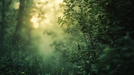 forest, a bright light in the distance, a heartwarming feeling, dark green and light tones