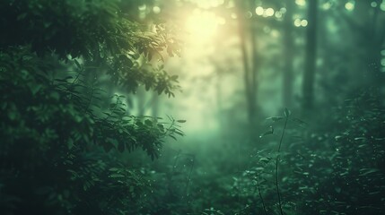 Obraz premium forest, a bright light in the distance, a heartwarming feeling, dark green and light tones