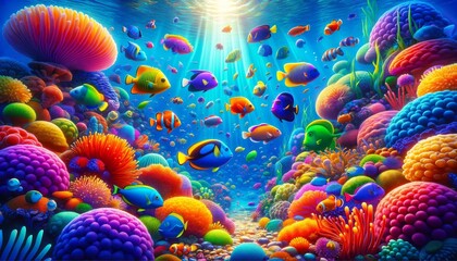 A vivid and colorful tropical fish scene in ocean
