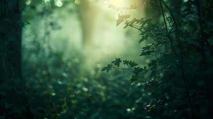 Obraz premium forest, a bright light in the distance, a heartwarming feeling, dark green and light tones