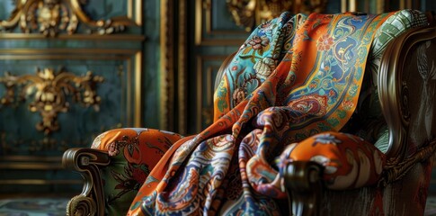 Silk scarf with an intricate design of baroque animals and floral motifs, draped over the armchair...