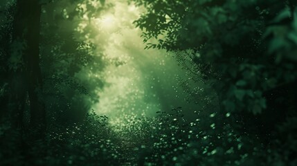forest, a bright light in the distance, a heartwarming feeling, dark green and light tones