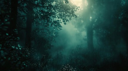 Obraz premium forest, a bright light in the distance, a heartwarming feeling, dark green and light tones