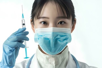 Asian female doctor wearing a medical mask and blue gloves holding a syringe with a vial of test tube on a white background