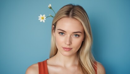 Fototapeta premium Floral Goddess: Ethereal Portrait of a Blonde Woman Adorned with Flowers