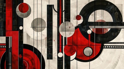 abstract art deco composition with circles and lines in red, black grey white and silver
