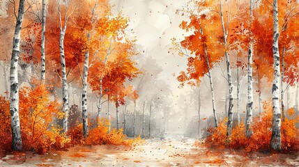 Fototapeta premium Birch Haven: Watercolor Autumn Landscape