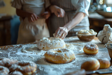 Mom teaching daughter for making donut for first time.