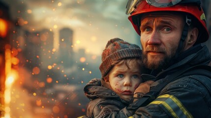 portrait of a Caucasian rescuer in a protective suit holding a rescued child in his arms against the background of the burning ruins of city buildings. disaster. accident elimination
