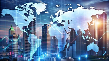 Obraz premium Double exposure of abstract financial graph with world map on office buildings background, forex and investment concept