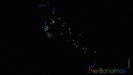 A map of The Bahamas is presented in the form of colorful diagonal lines against a dark background. The country's borders are depicted in the shape of a rainbow-colored diagram.