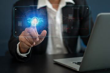 Businesswoman Using Ai artificial intelligence on laptop to document management concept, Ai tech, businessman show virtual graphic Global Internet connect Chat with AI   Futuristic technology