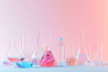 A set of laboratory glassware with colorful liquids and tools on a pastel background, concept for medical or scientific research in light pink and white pastel colors with soft lighting. 