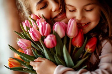 Child daughter hugging mother to gives bouquet of flowers to mother on Mother's Day. Generative AI