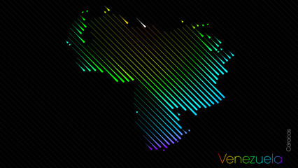 A map of Venezuela is presented in the form of colorful diagonal lines against a dark background. The country's borders are depicted in the shape of a rainbow-colored diagram.