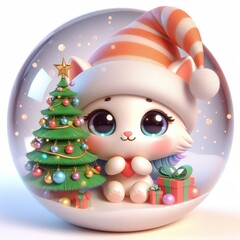 Animated character 3D image of cute, kind, little caticorn in a hat with a decorated christmas tree. composition in a ball