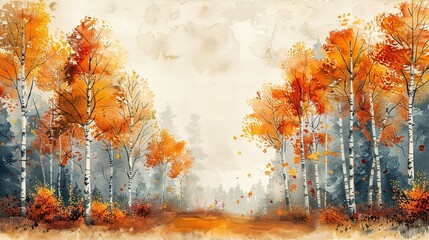 Tranquil Fall: Birch Trees in Watercolor Palette