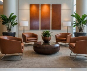 A company building lobby with clean interior design, contemporary furniture, and artwork that reflects the company's brand values and corporate