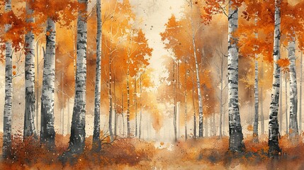 Naklejka premium Birch Bark Symphony: Watercolor Autumn Background