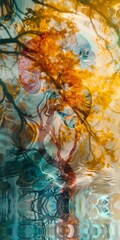 Abstract image of colorful autumn tree branches reflected in water, creating a surreal dreamlike scene.